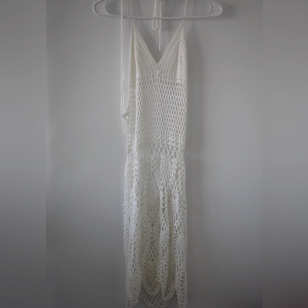 Crochet white swimsuit cover up backless
